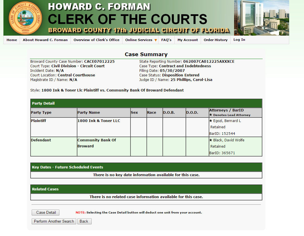 Actual case number against Community Bank of Broward